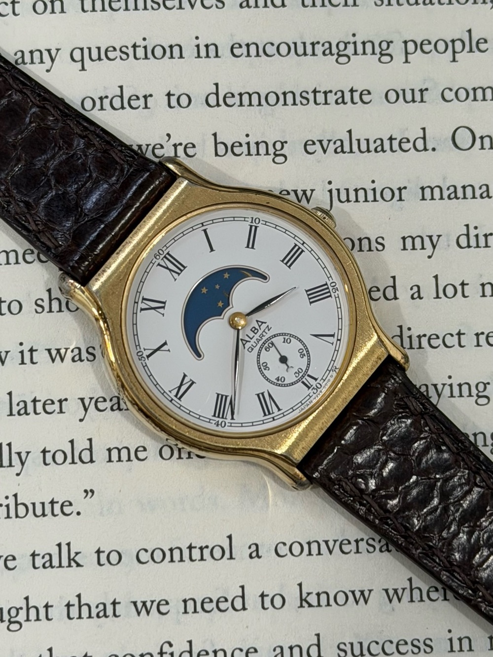 Vintage 1987 Seiko Alba Moon Phase V256-0010 Unisex Watch, Gold-Toned